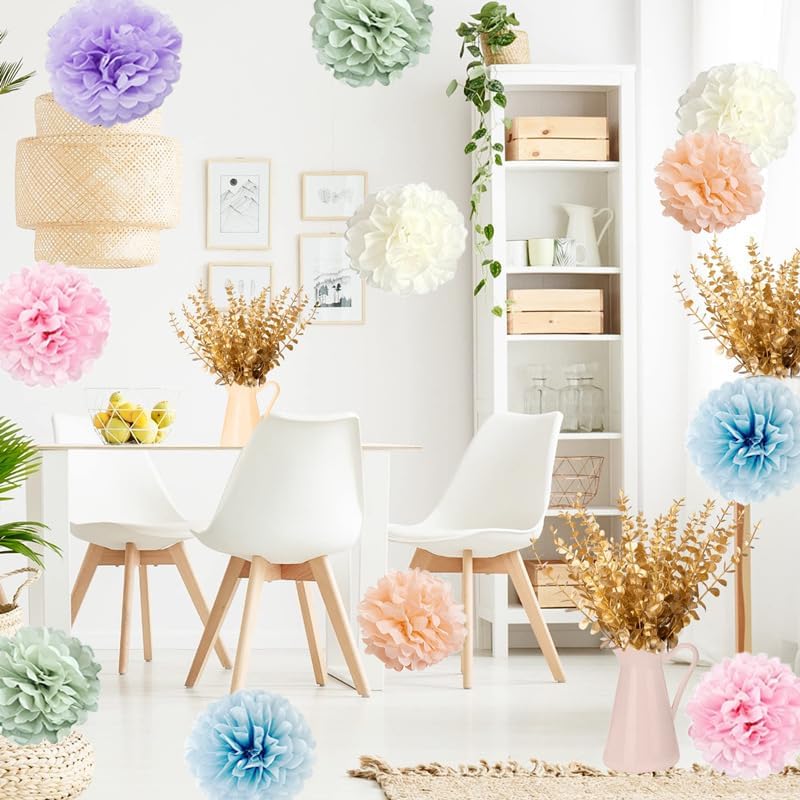 Pastel Rainbow Party Decorations in Colorful Tissue Paper Pom Poms Blush Pink Purple Peach Mint Light Blue Baby Bridal Shower Decorations (Macaron)