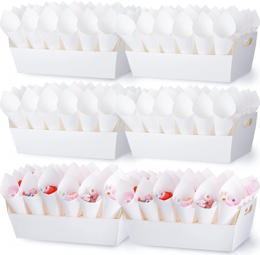 6 Set Wedding Confetti Cone Holder Box Each Includes 30 Pieces of Cone Papers and 30 Holes for 30 Confetti Cones Box Party Confetti Cone Kraft Stand Tray Box for Wedding Party Candy Flower(White)