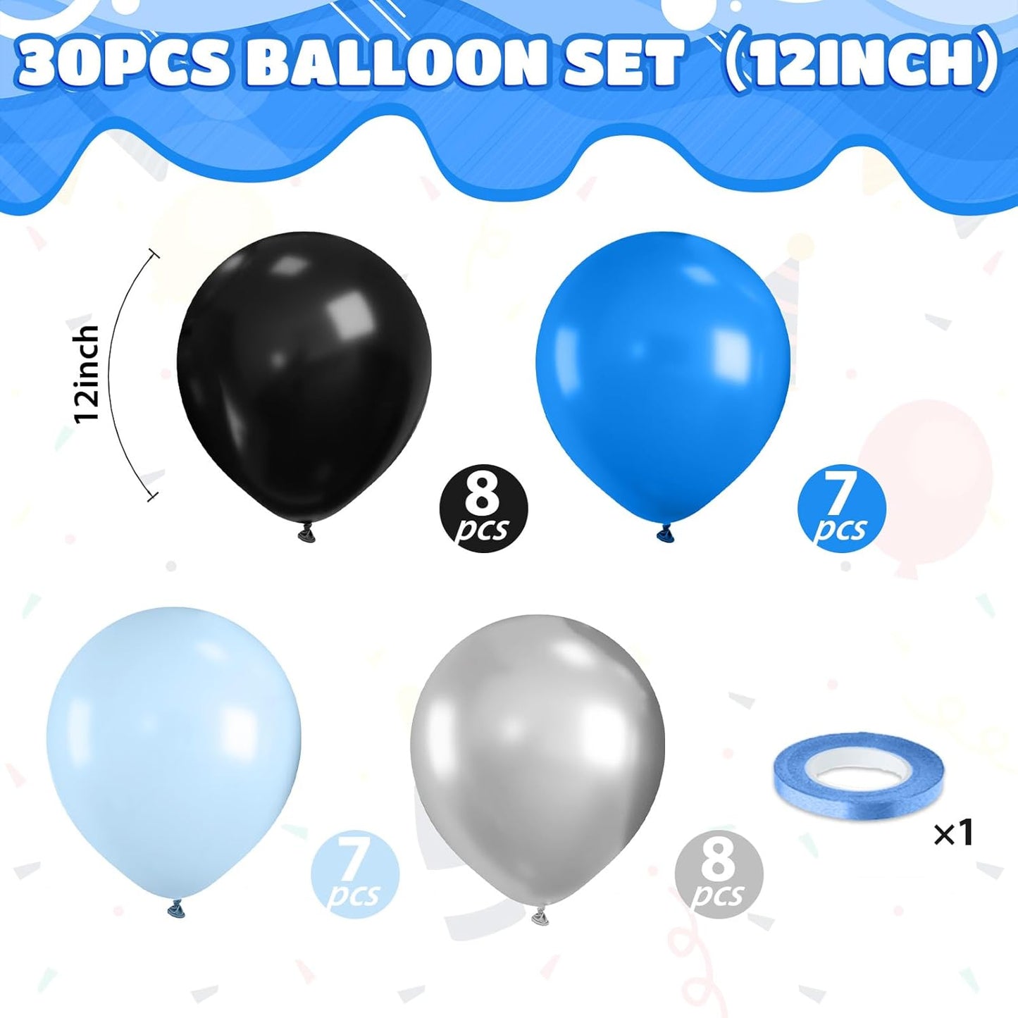 Blue and Black Balloons,12 Inch Dark Blue and Silver Black Pearl Light Blue Balloons for Boys Birthday Party Decorations Baby Shower Graduations Celebrations Backdrop Supplies
