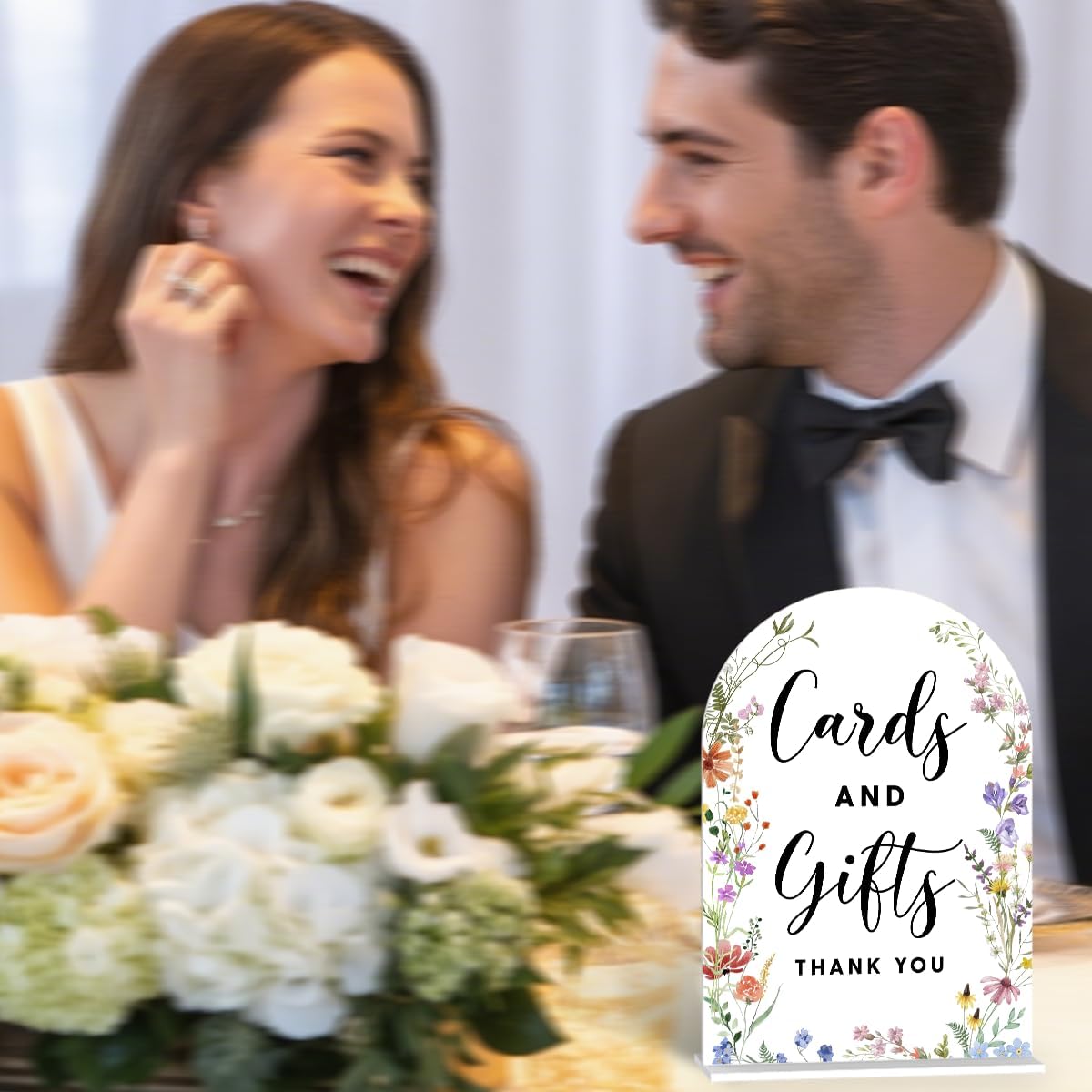 Acrylic Wedding Signs, Cards and Gifts Signs for Marriage Reception, Bridal Shower Decorations, Modern Arched Round Top Acrylic Table Top Sign with Holder for Wedding Party Dinner (White Wildflowers)