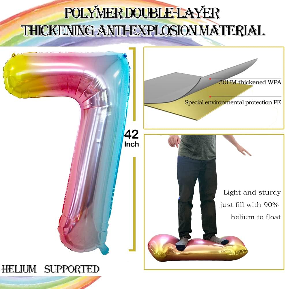 GOER Rainbow Foil Balloons Number 7,Huge Number Balloons for 7th Birthday Party Supplies Anniversary Decorations (3 pcs,42 inch,32 inch,16inch)