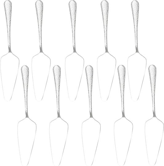Stainless Steel Cake Server Pack of 10 Hammered Pie Holder Transfer Triangular Spade Spatula Serrated Edge for Pizza Cake Baking Safe in Dishwasher (Silver)