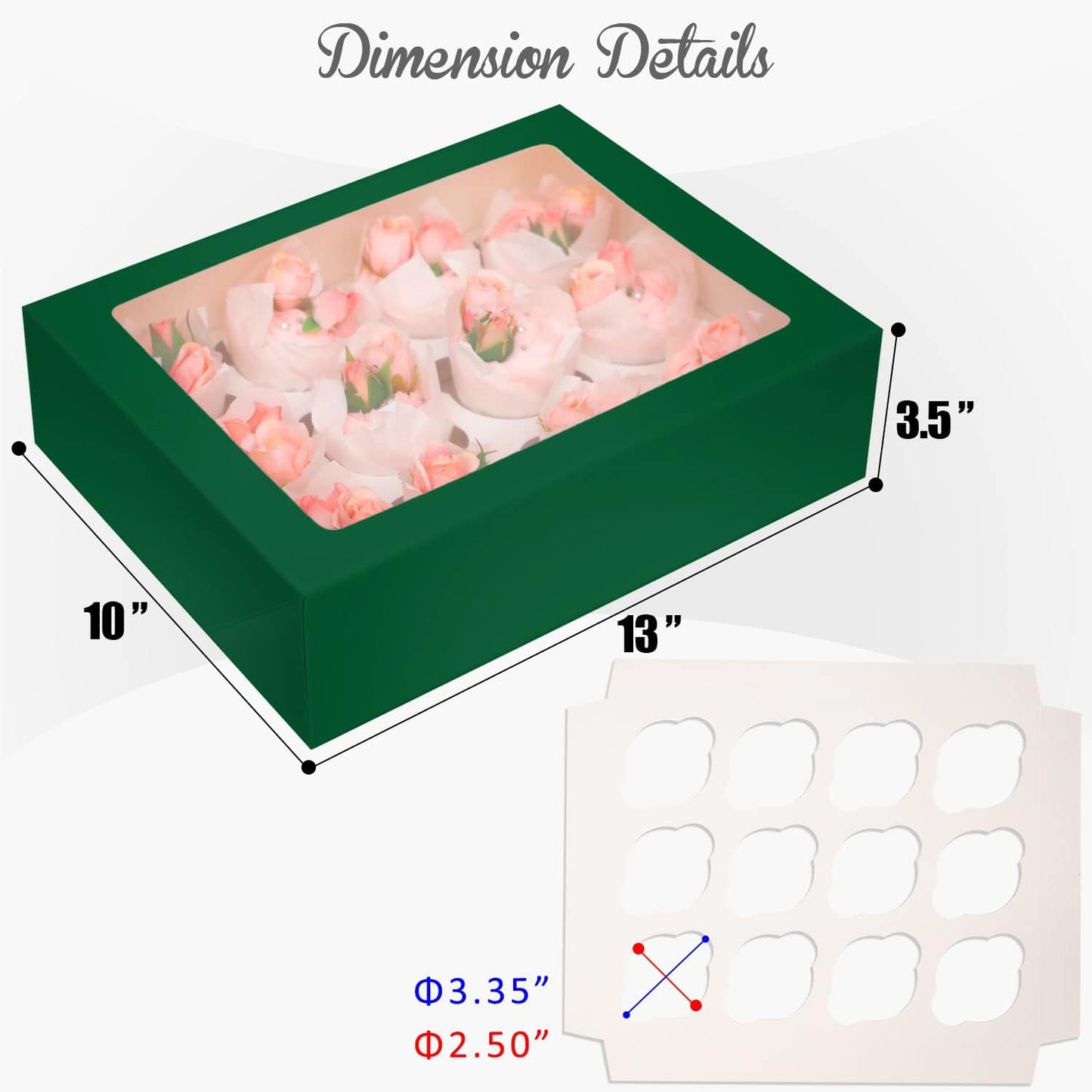 12 Cupcake Containers 10-Packs Forest Green Cupcake Box Cupcakes Carrier, 12 Cupcake Boxes with Window 13"x10"x3.5"（Auto-pop up）