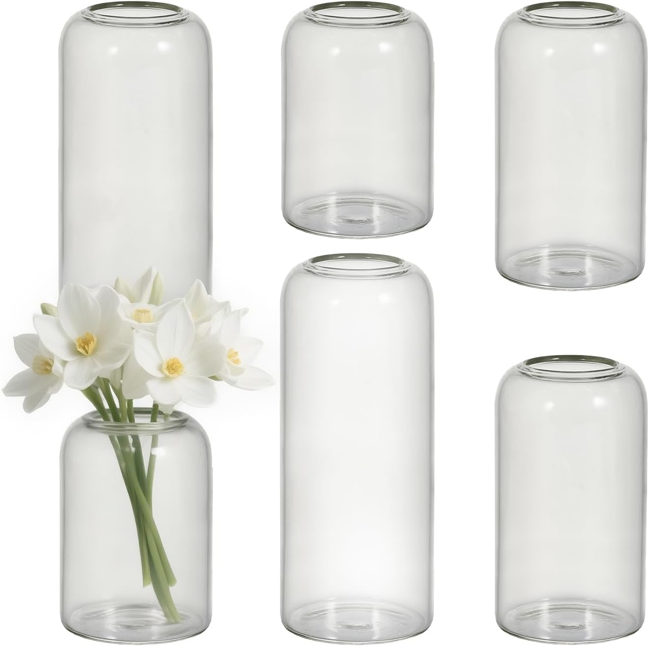 Glass Bud Vases Set of 6 Clear Flower Vase for Centerpieces Shelf, 3.9'' 4.9'' 6.7'' Modern Small Vases for Living Room Bedroom Office Home, Decor for Wedding House Warming Party