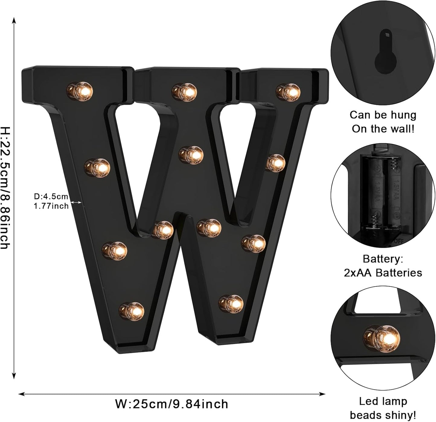 Foaky Black LED Letter Lights for Room Decor - Bedroom Wall Decor, Alphabet Lights for Home, Wedding, Party - Battery Operated （W）