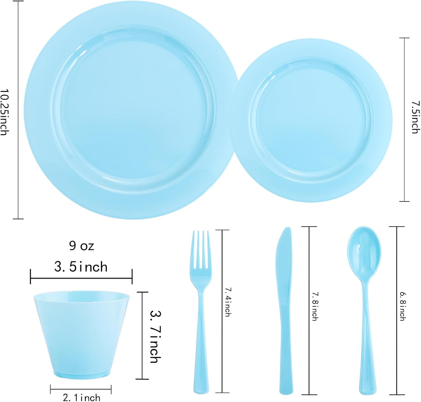 KIRE 150 Piece Blue Plastic Plates Disposable - Blue Dinnerware Set Includes 25 Dinner Plates, 25 Salad Plates, 25 Utensils Set 25 Clear Cups for Birthday/Picnic/Baby Shower