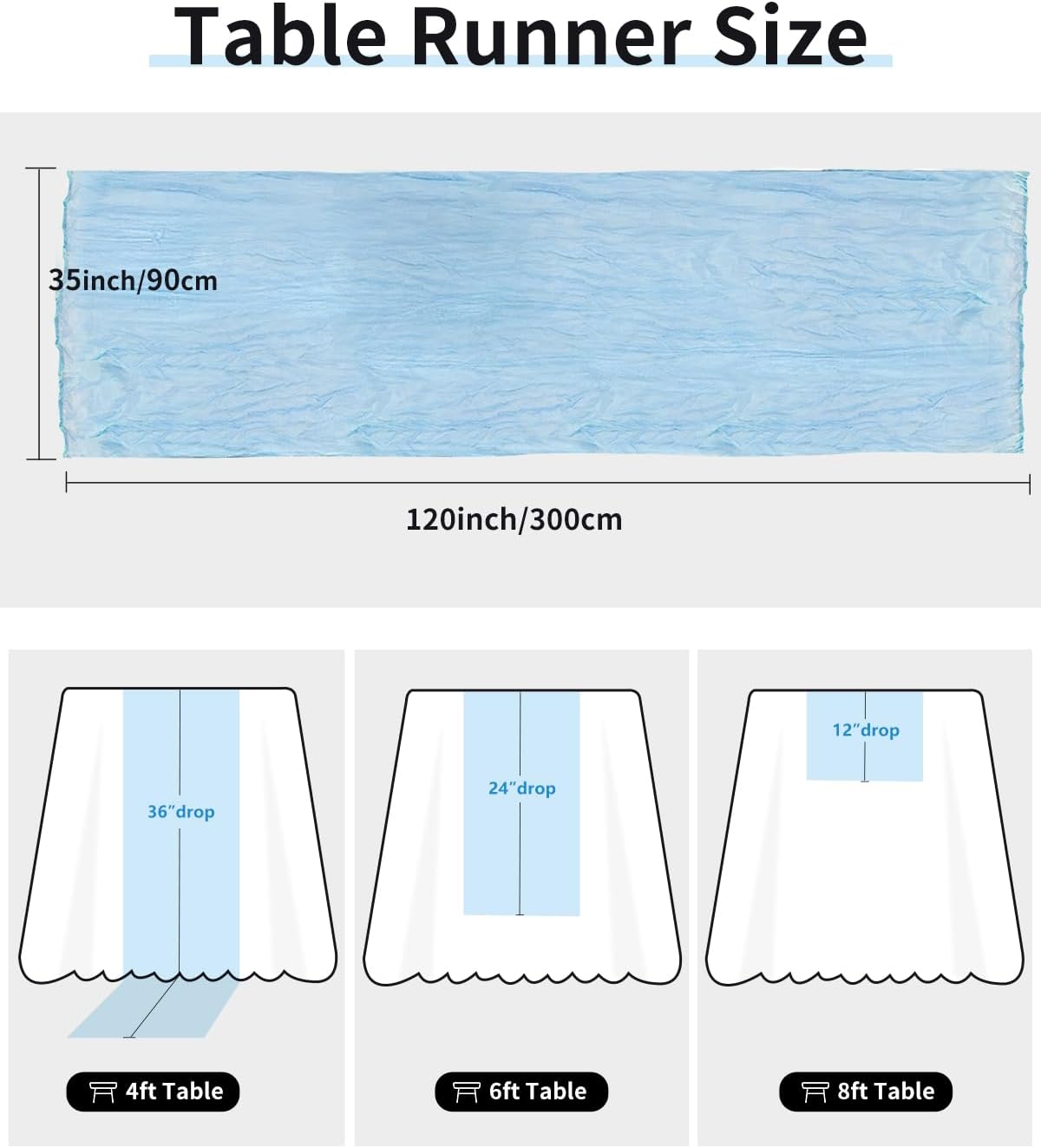 Blue Cheesecloth Table Runner 120 Inch, Light Blue Boho Gauze 10 FT, Rustic Cheese Cloth Table Runner for Wedding, Baby Bridal Shower, Birthday, Party, Holiday Decor Home Decorations