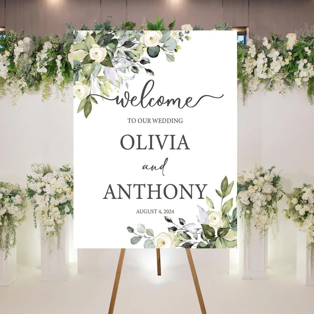 Welcome To Our Wedding Sign, Personalized Wedding Welcome Sign, Green Leaves Wedding Welcome Sign, Eucalyptus Wedding Sign, Bride Groom Wedding Gift, Custom Wedding Sign, Welcome Wedding Sign