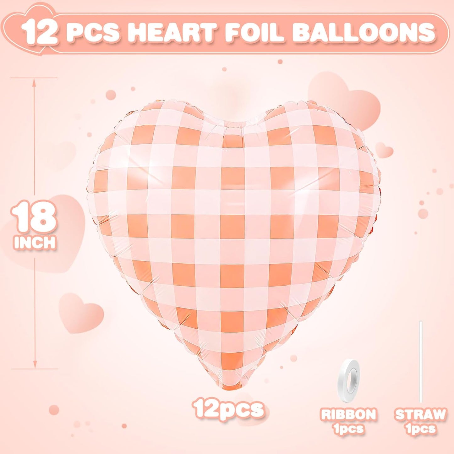 Red White Checkered Heart Balloons,12Pcs 18Inch Red Grid Heart Shaped Foil Helium Polyester Film Balloons for One Silly Goose Birthday Baby Shower Party Decorations