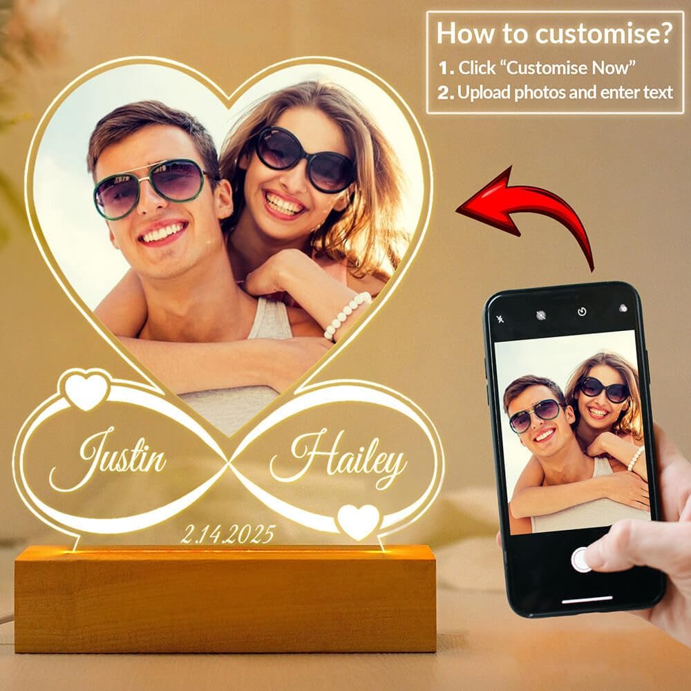 Personalized Anniversary Couple Gifts for Women & Men, Custom Picture Frames with Photo, Personalized Photo Frame with Night Light, Customized Birthday Gifts for Her Him Girlfriend Boyfriend