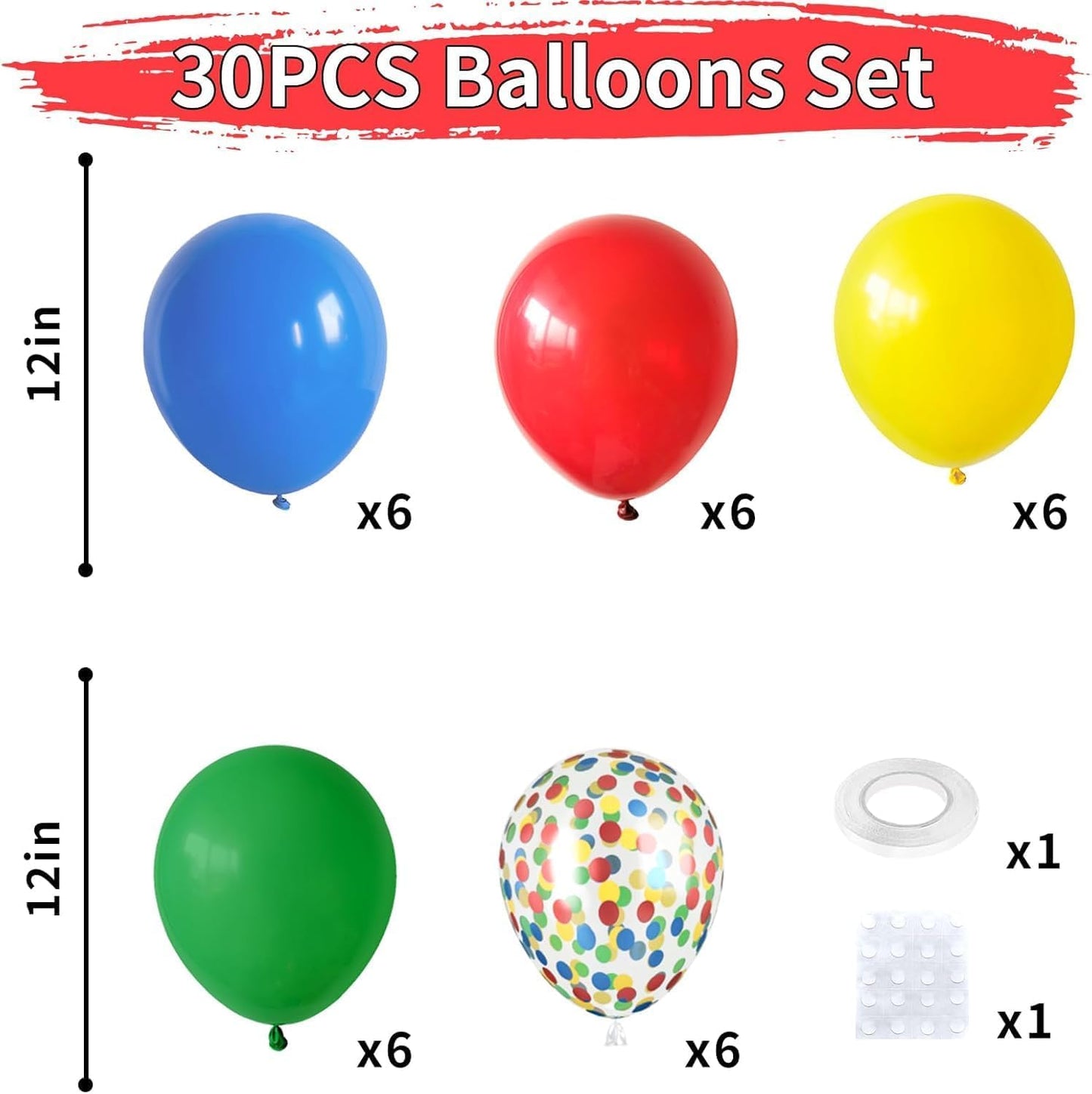 Red Yellow Blue Balloons, Rainbow Assorted Latex Balloons, Red Blue Green Yellow with Colourful Confetti Balloon, for Birthday, Festival, Carnival Circus, Robot Blocks, Video Game Party Decor