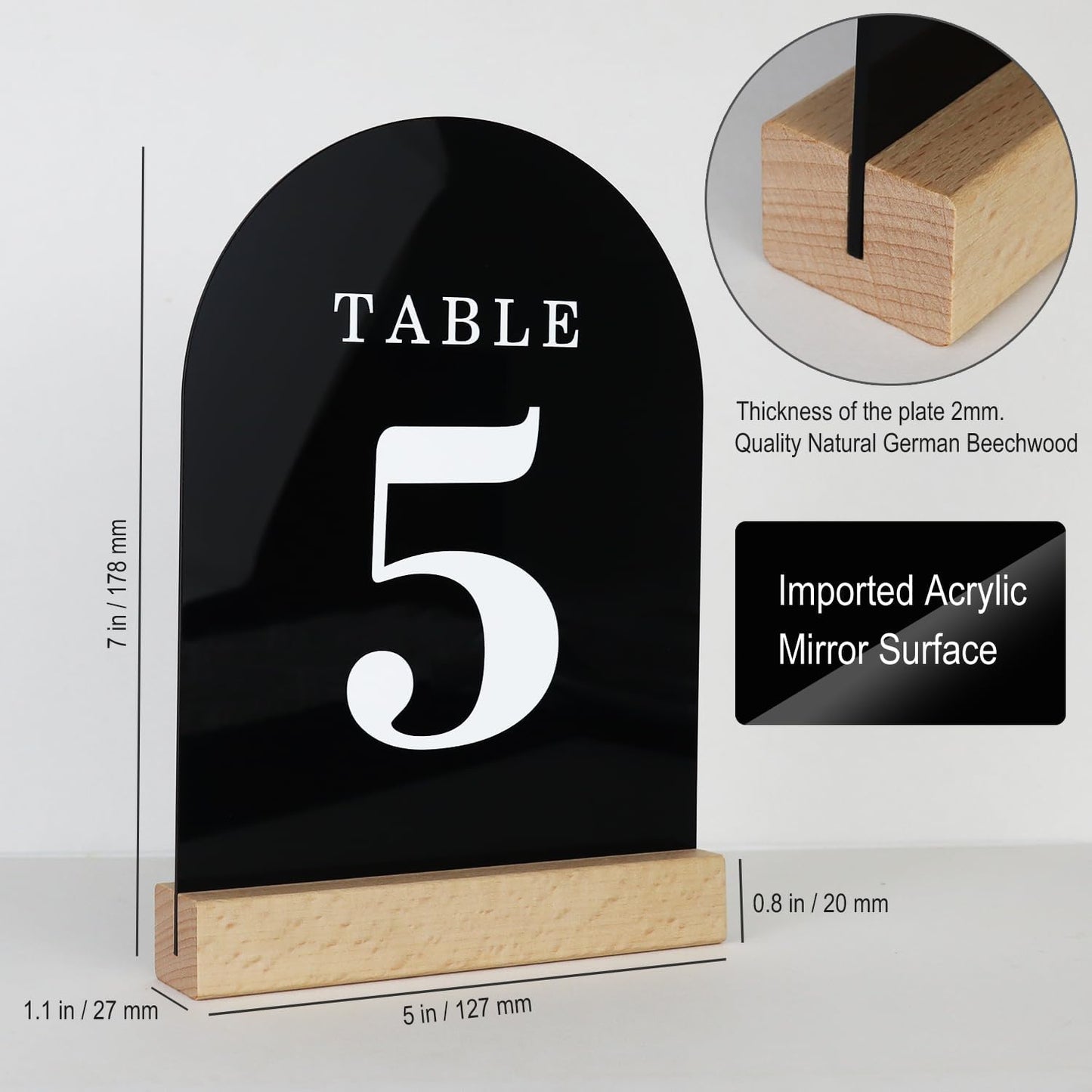 Wedding Table Numbers 1-15, Acrylic Arch Signs with Natural Wood Stands Holders, Rustic Table Decor for Reception & Parties (Black White)