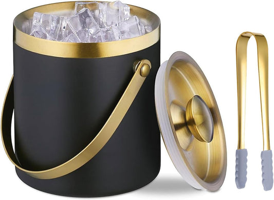 Ice Bucket with Lid, Handle and Tong Black Gold Insulated Stainless Steel Champagne Bucket 2L Wine Bucket for Party Bar Cart Accessories Large Double Wall Bucket Keep Frozen