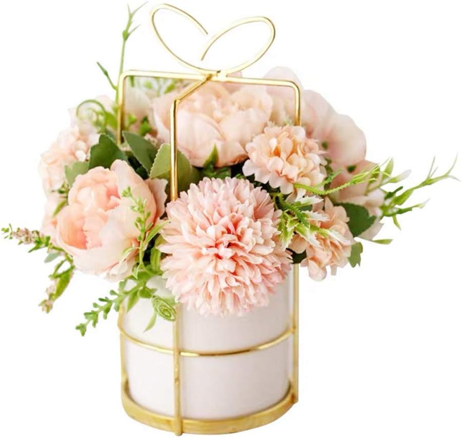 KIRIFLY Fake Artificial Flowers in Vase Faux Peony Silk Hydrangea Flower Centerpieces Décor for Wedding Table Decoration(Pink in Gold)
