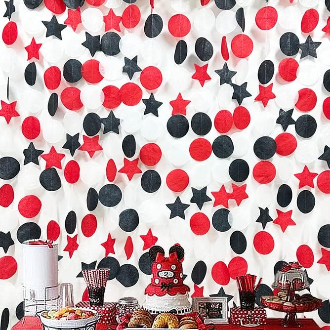 173 Ft Red Black and White Party Decorations Big Star Circle Dots Backdrop Streamer Garland for Graduation Birthday Engagement Wedding Bachelorette Baby Shower Casino Poker Pirate Theme Party Supplies