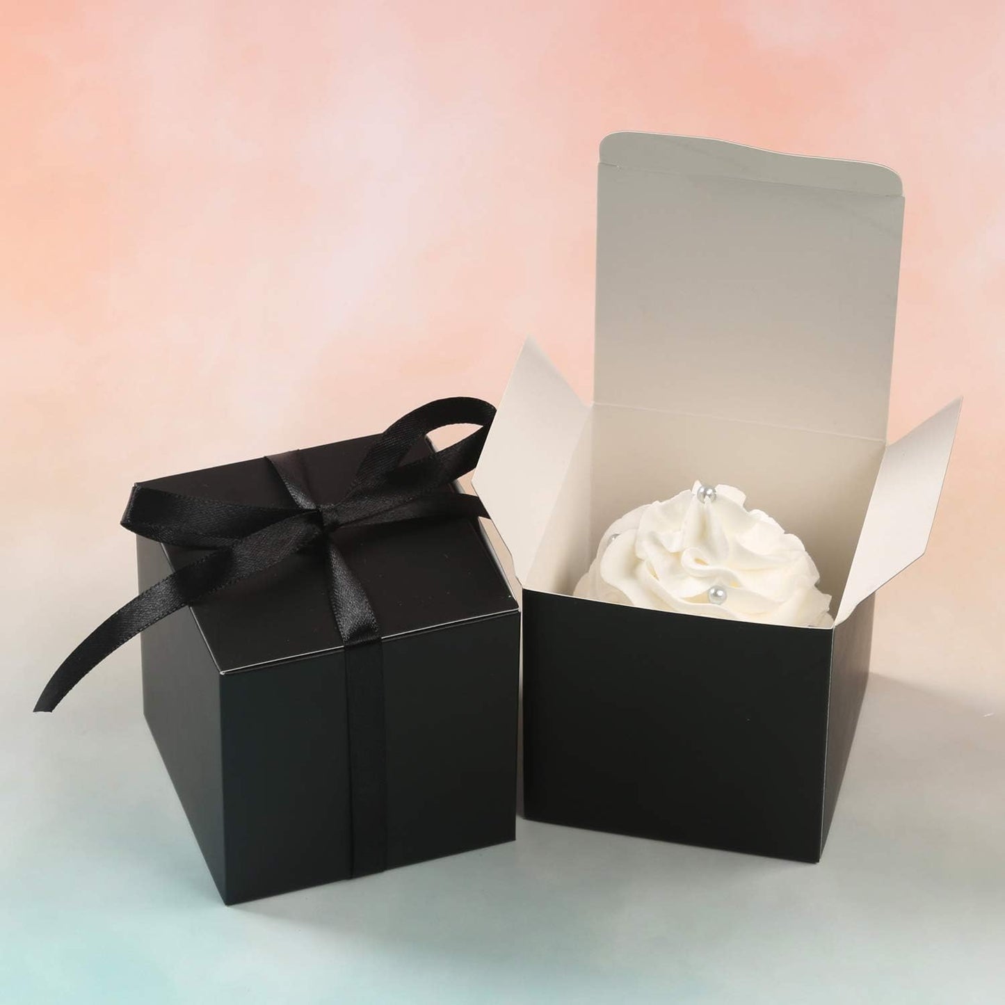 COTOPHER 100pcs Wedding Favor Boxes, Paper Gift Boxes 3x3x3 Inches Small Gift Boxes with Ribbons Small Boxes for Gifts, Crafting, Cupcake, Candy, Bridesmaid Proposal Boxes，Easy Assemble Boxes (Black)