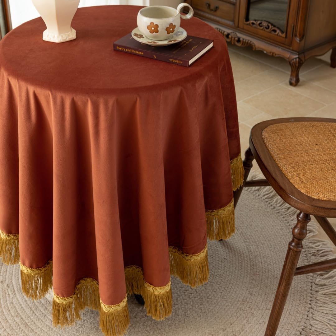 F-CHU Luxury Burnt Orange Tablecloth Thickset Velvet Tablecloth with Beautiful Gold Vintage Tassels Table Cloth for Home Decor Wedding, Party, Banquet and Events 67" Round