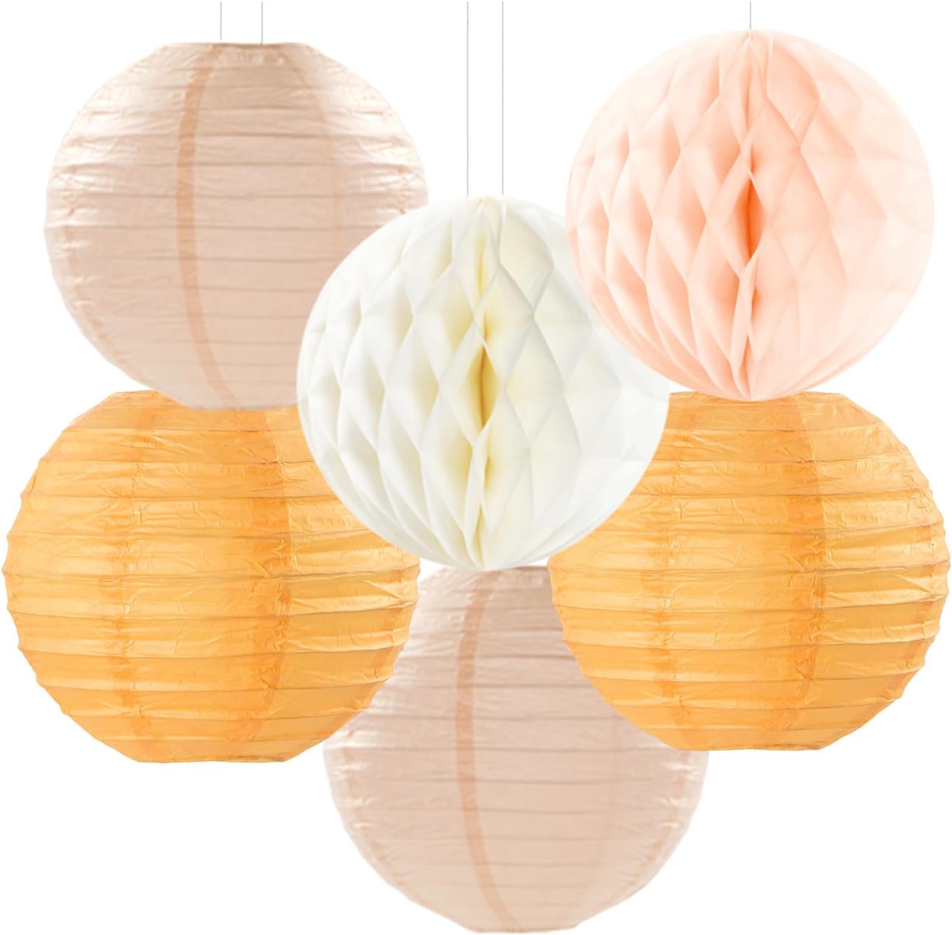 Beige-Orange Peach Fall Party-Decorations Paper-Lanterns- 14pcs Autumn Thanksgiving Harvest Birthday Boho Streamers Fan,Tissue Pom Poms, Baby Bridal Shower Wedding Engagement Decor Lasting Surprise