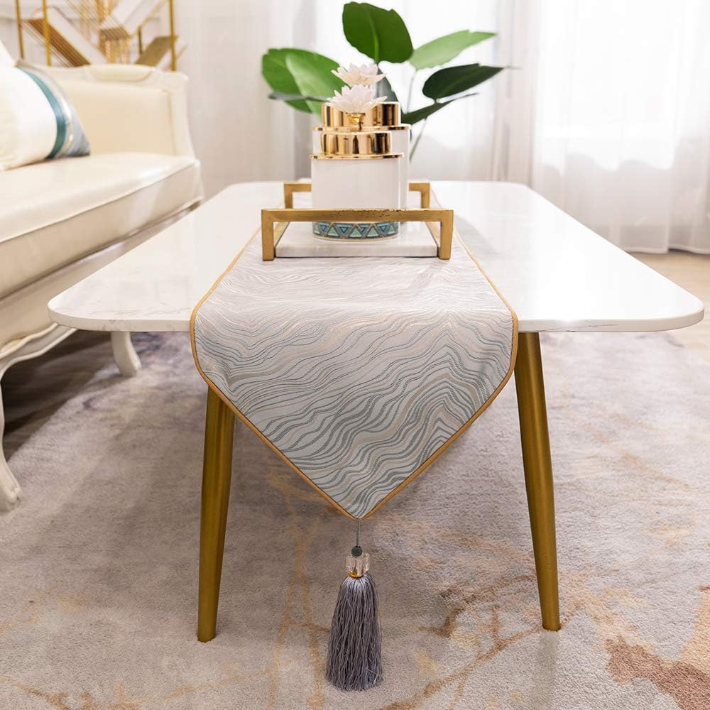 Avigers 12 x 59 Inch Decorative Luxury Abstract Striped Silver Gray Table Runners with Tassels for Home Living Room Bedroom Art Decor Wedding