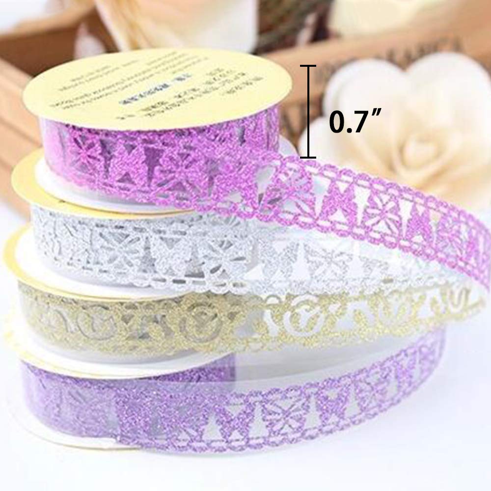 SallyFashion Washi Tape for Scrapbooking, 6 Roll Lace Pattern Glitter Tape in 6 Colors for Journaling, DIY Craft Projects, Card Making