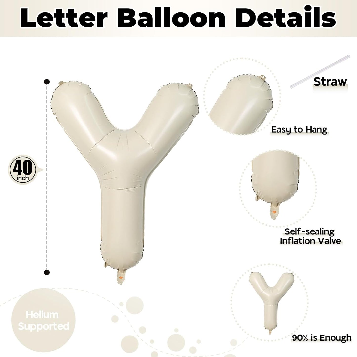 Cream Y Letter Balloons, 40 Inch Alphabet Foil Name Beige Balloon, Large Self Inflating Balloon Letters Y, White Sand Mylar Helium Custom Letter Balloon for Girls Birthday Party Baby Shower Decoration