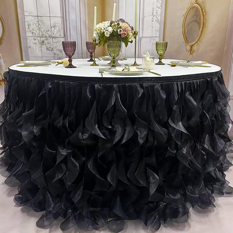 Luxury Organza Mesh Table Skirt Draping Floating Romance - Perfect for Bridal Showers, Birthday Weddings - Clear Flowing Decoration for a Wonderful Main Cake Table (Black-6ft, 72" L×30" H)