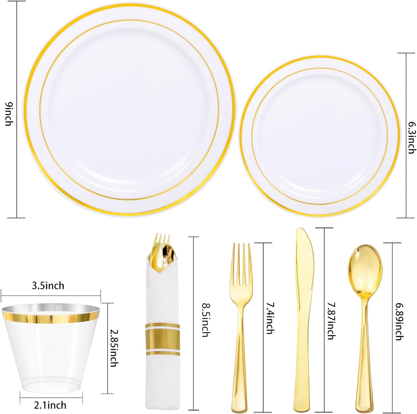 350Piece Gold Dinnerware Set for 50 Guests - Gold Plastic Plates with Disposable Cutlery Include:50Dinner Plates-50Dessert Plates-50Pre Rolled Napkins with Silverware for Thanksgiving