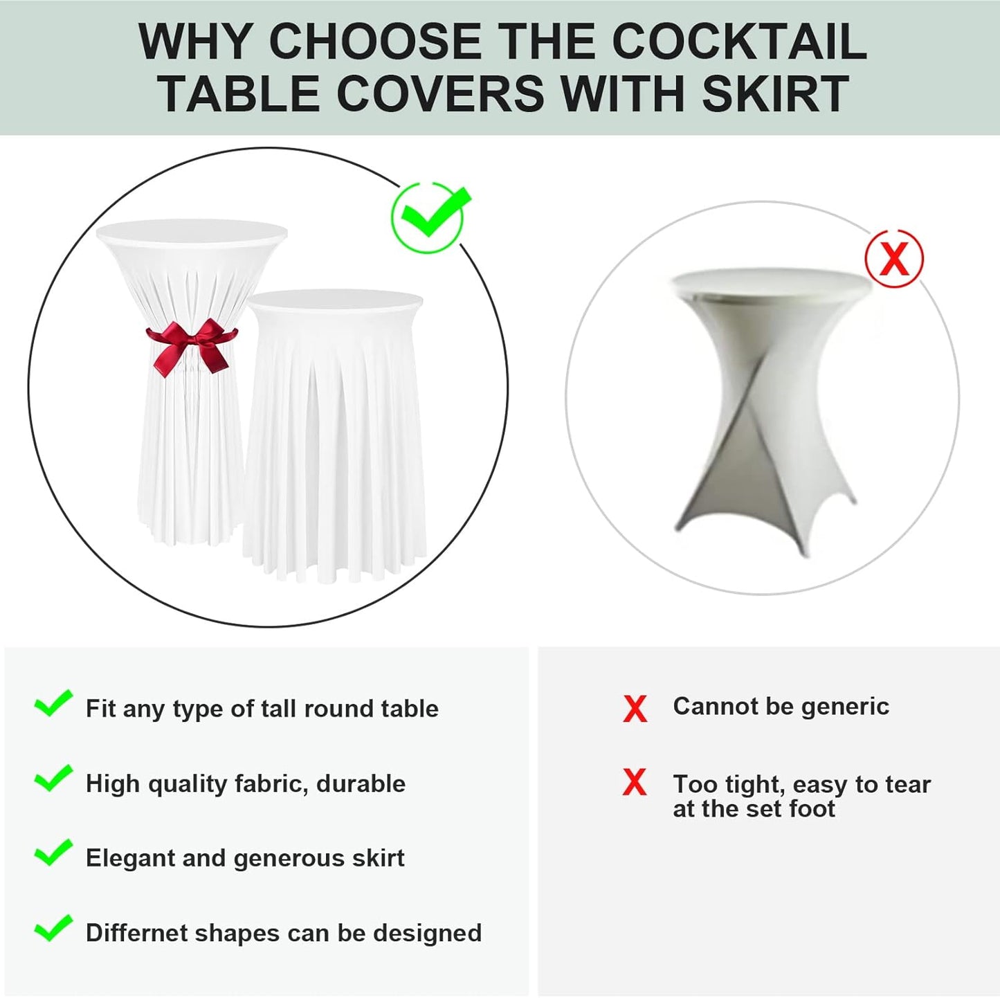 Cocktail Table Covers - 3 Pack 32"x 43" White Cocktail Table Tablecloth with Natural Wavy Round Skirt for Bar Wedding Party Banquet