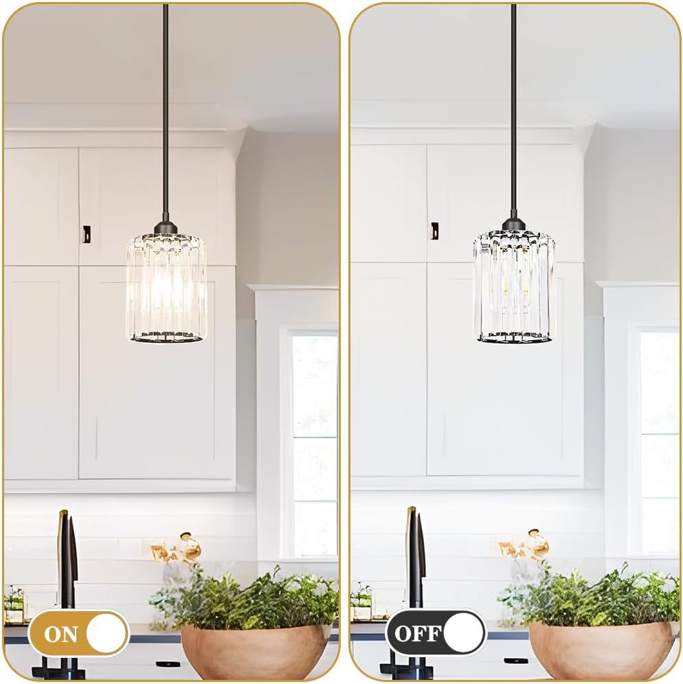 Black Kitchen Pendant Lights Over Island with Adjustable Rods - Crystal Pendant Lighting Fixtures 3 Pack, Ideal Over Dining Table or Bar, E26 Bulb Compatible, No Electrician Needed