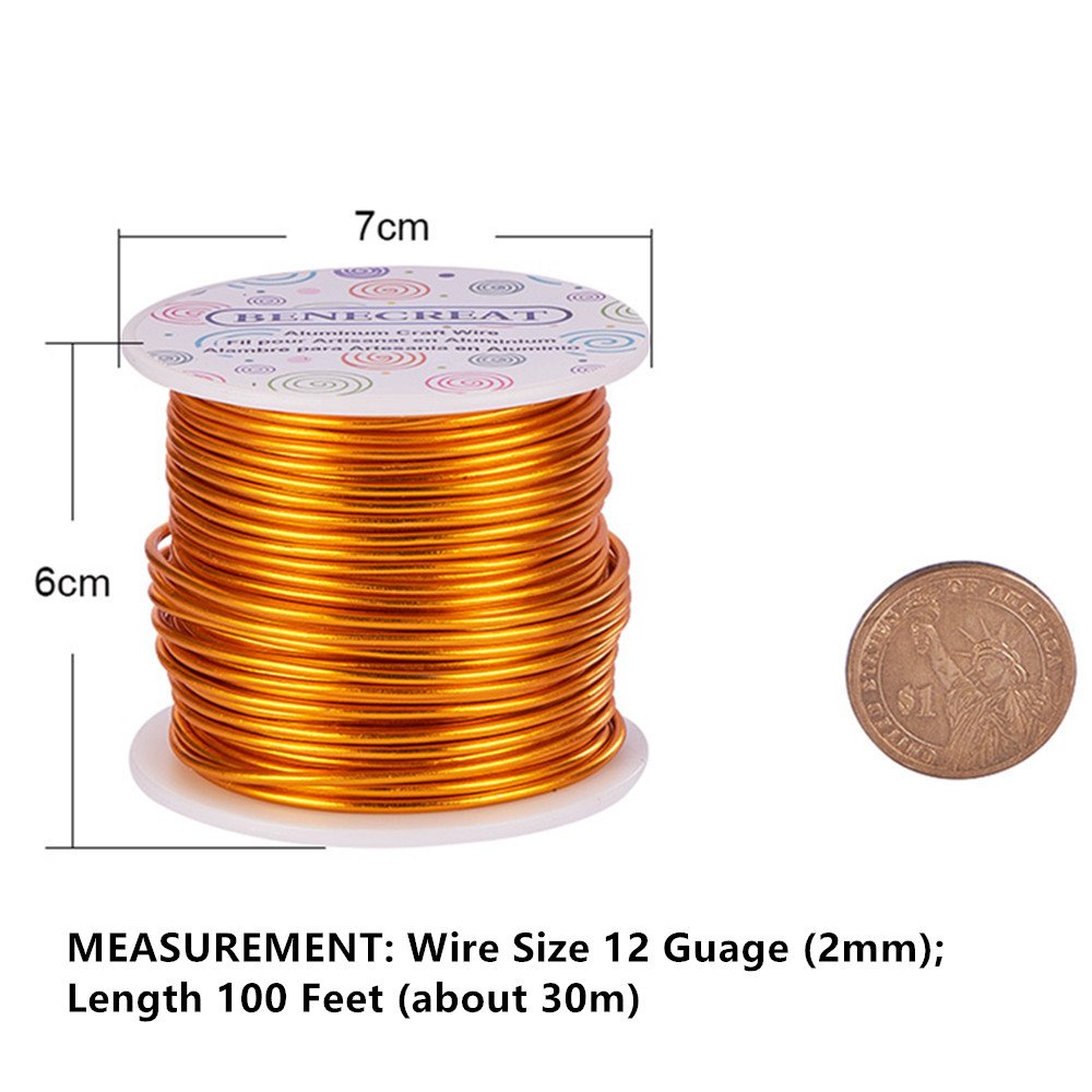BENECREAT 12 17 18 Guage Aluminum Wire (12 Gauge,100FT) Anodized Jewelry Craft Making Beading Floral Colored Aluminum Craft Wire - Gold