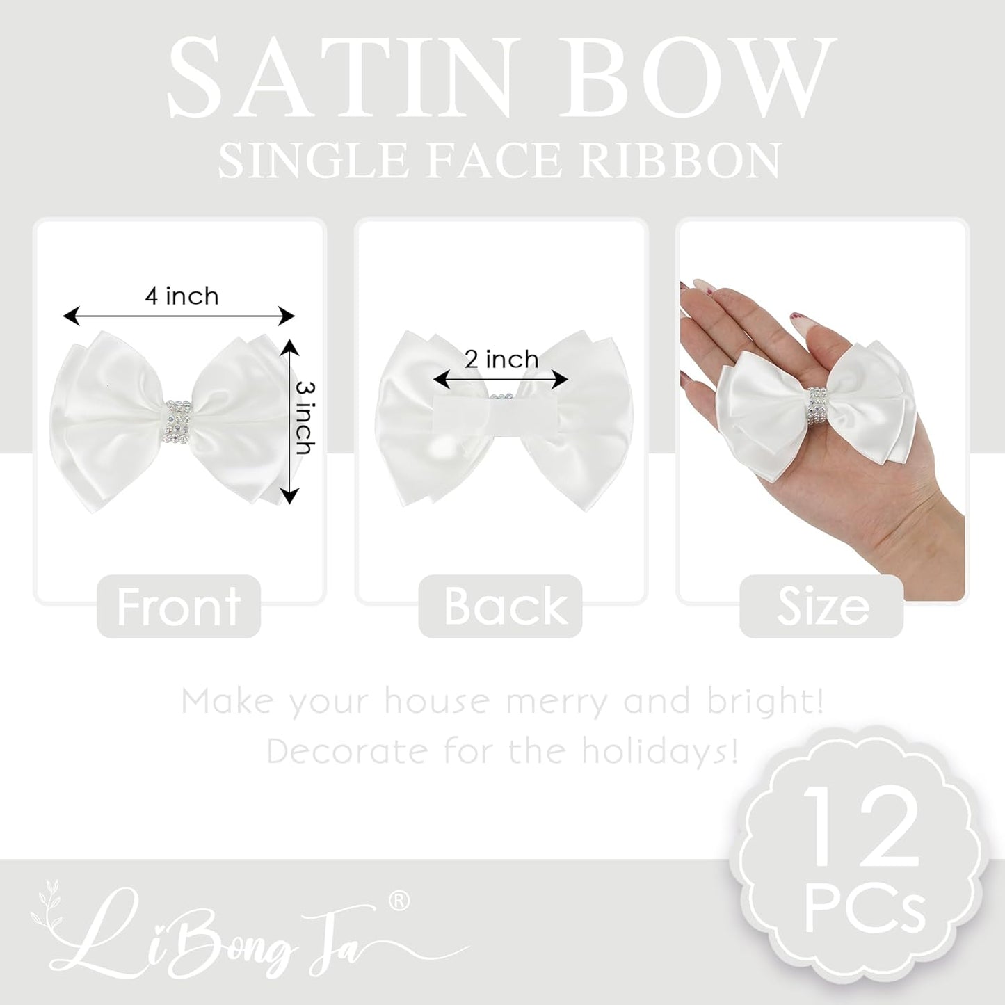 White Satin Bows 4'' Premade White Ribbon Bows, Gift Bows with Rhinestone, Wrapping Bows for Presents, Greeting Cards, Treat Bags, Wine Bottles, Valentines Bows for Gift Wrapping-12 Counts