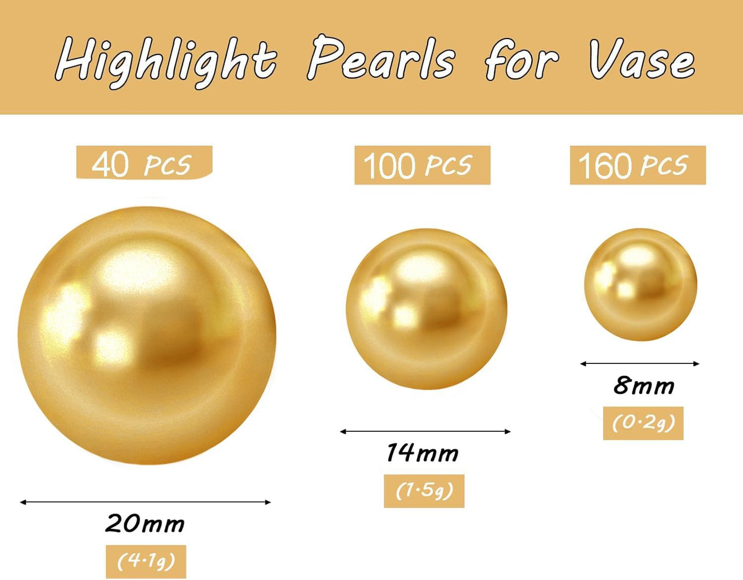 300Pcs Gold Polished No Hole Faux Pearl Beads for Vase Filling Decorations, Plastic Pearls Vase Fillers, Table Scatters, Wedding Centerpiece, Home Decor, 8/14/20 mm