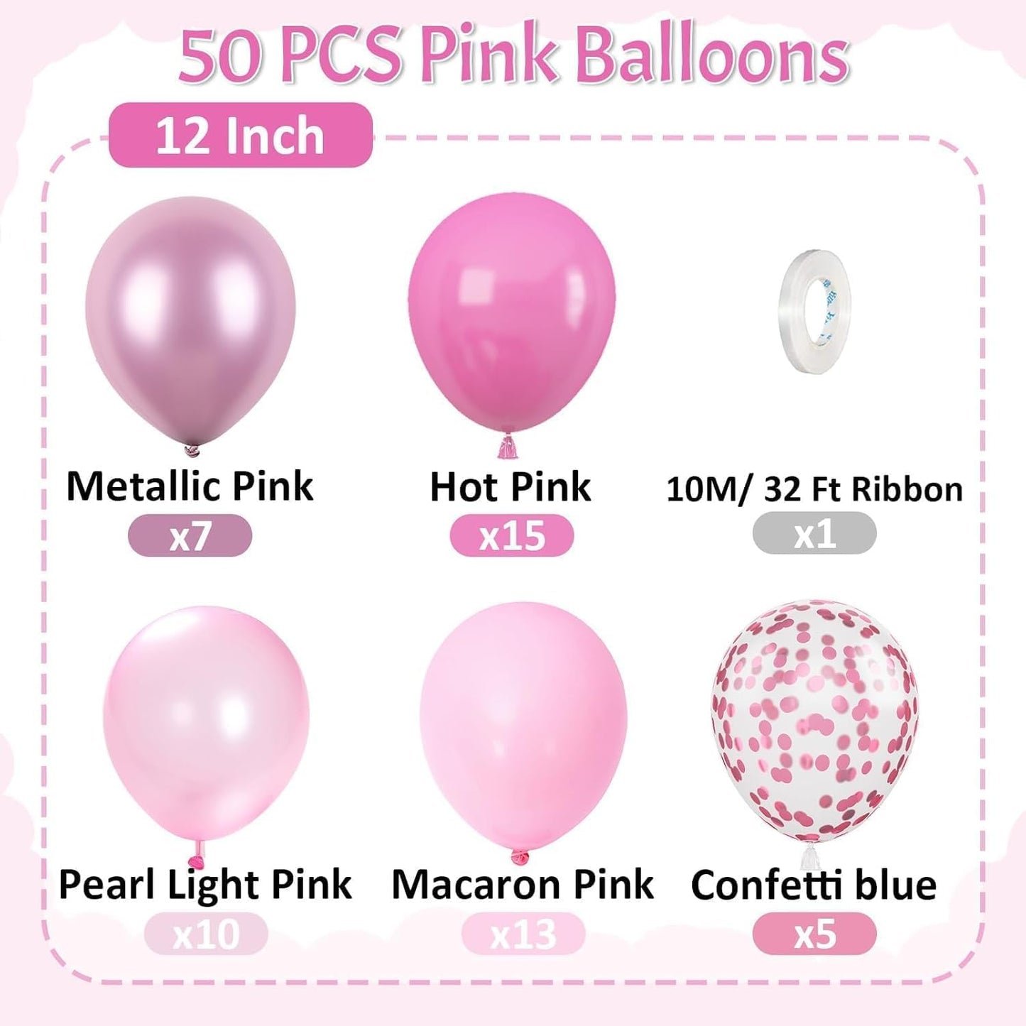 Paready Pink Balloons Set, 50 Pcs 12 Inch Metallic Pastel Pearl Light Pink Confetti Balloons Helium with Ribbon for Women Girls Wedding Bridal Baby Shower Princess Birthday Party Decorations