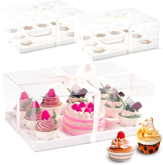 JCD 9 Pcs Cake and Cupcake Combo Bento Boxes with Clear Lid for mini cake and 8 Cupcakes -Cakes Cupcakes Combo Box with Clear Window Baking Supplies (1+8/9Pcs)