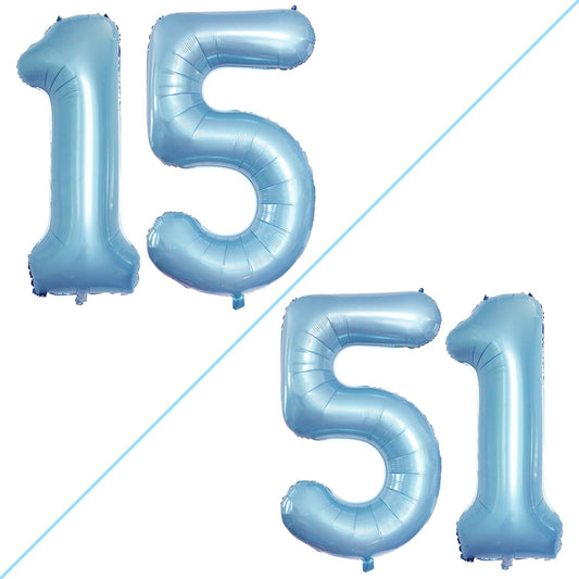 GOER Number 15 Balloons for 15th Birthday Sweet 15 Party Decorations,42 Inch Jumbo Foil Helium 51 Balloons for 51st Birthday Party Decoration (Light Blue)