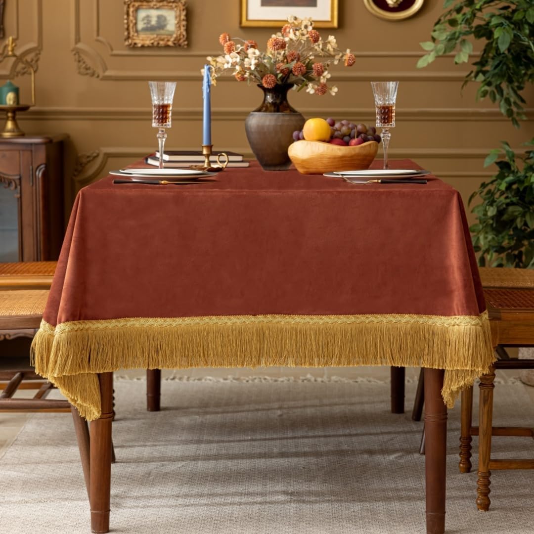 F-CHU Luxury Burnt Orange Tablecloth Thickset Velvet Tablecloth with Beautiful Gold Tassels Table Cloth for Home Decor Wedding, Party, Banquet and Events 60x102-Inch