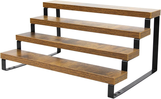 4-Tier Wooden Display Riser Shelf Stand for, Makeup, Cupcake, Condiment & Dolls Collection Home Decor Organizer, Expandable for Pantry/Counter (Brown, 4-Tier)