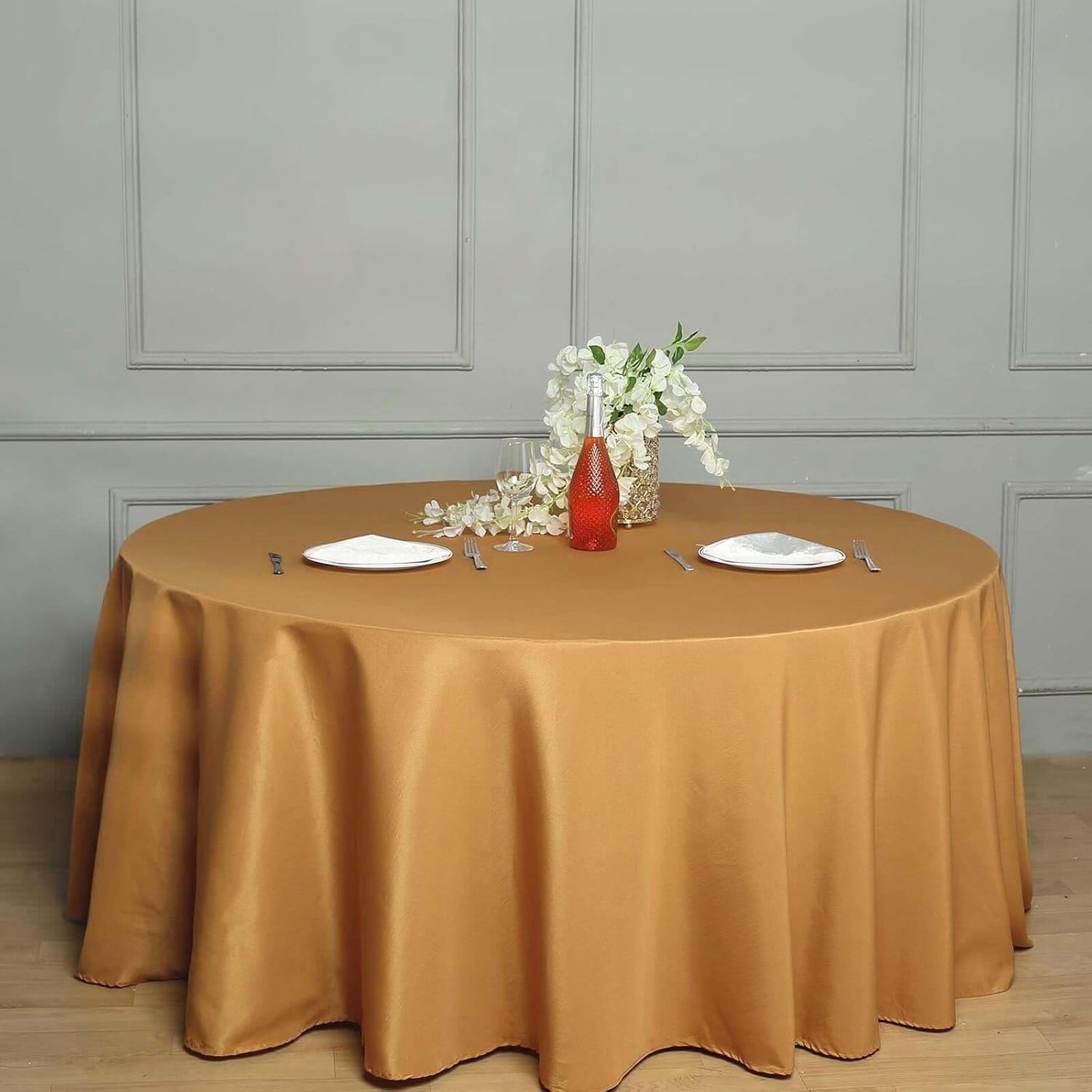 Efavormart Round Tablecloth, 132 Inch Stain & Wrinkle Resistant Washable Table Cloth, Decorative Polyester Fabric Table Cover for Banquet, Wedding, Dining- Gold