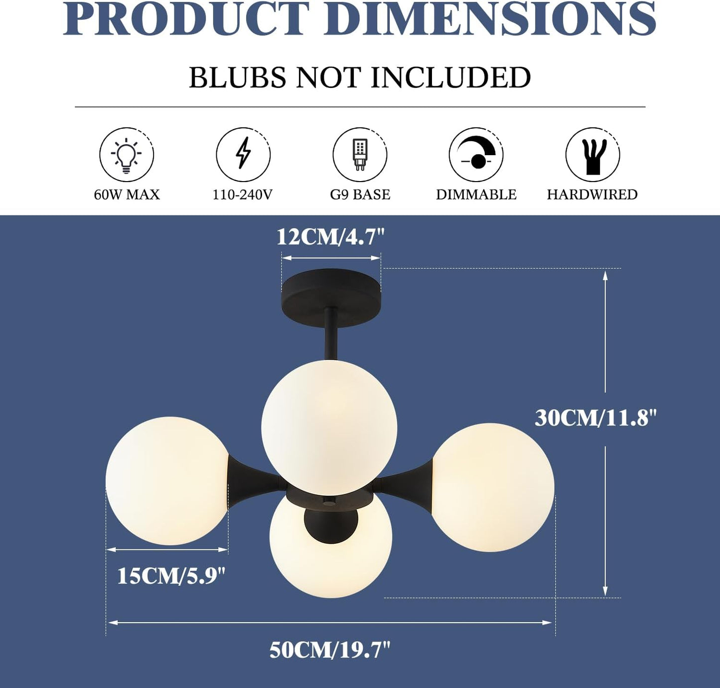 KCO Lighting Mid Century Modern Semi Flush Mount Ceiling Light Fixture Farmhouse Black Globe Sputnik Chandelier Ceiling Light 4-Light Milk Glass Hallway Ceiling Light