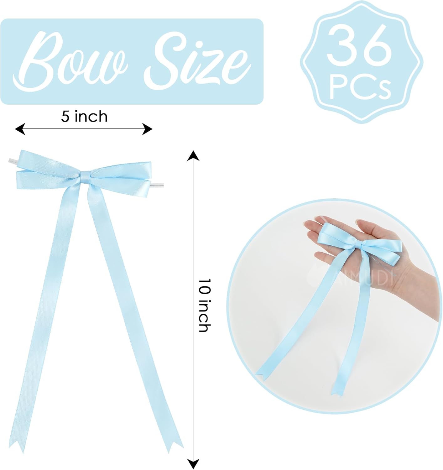 AIMUDI Baby Blue Bows 5 × 10" Satin Bows for Gift Wrapping Twist Tie Bows Premade Ribbon Bows for Bouquets Invitations Baskets Crafts Wreaths Wedding Birthday Baby Shower Party Decorations, 36 PCs