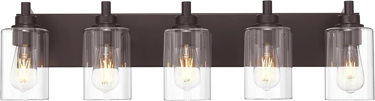 5-Light Bathroom Light Fixtures, 30 Inch Oil Rubbed Bronze Vanity Lights with Cylinder Clear Glass Shade, Modern Vanity Lighting Fixtures Over Mirror, VL143-ORB-5