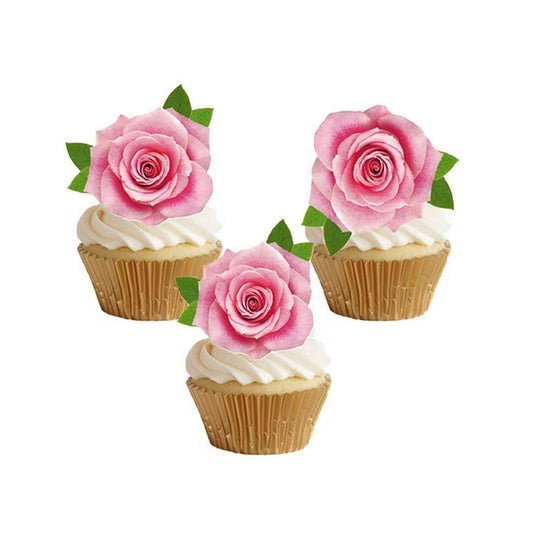Not 3D 24Pcs Edible Cupcake Topper Pink Rose By Rice Paper Cake Decoration Party Decoration