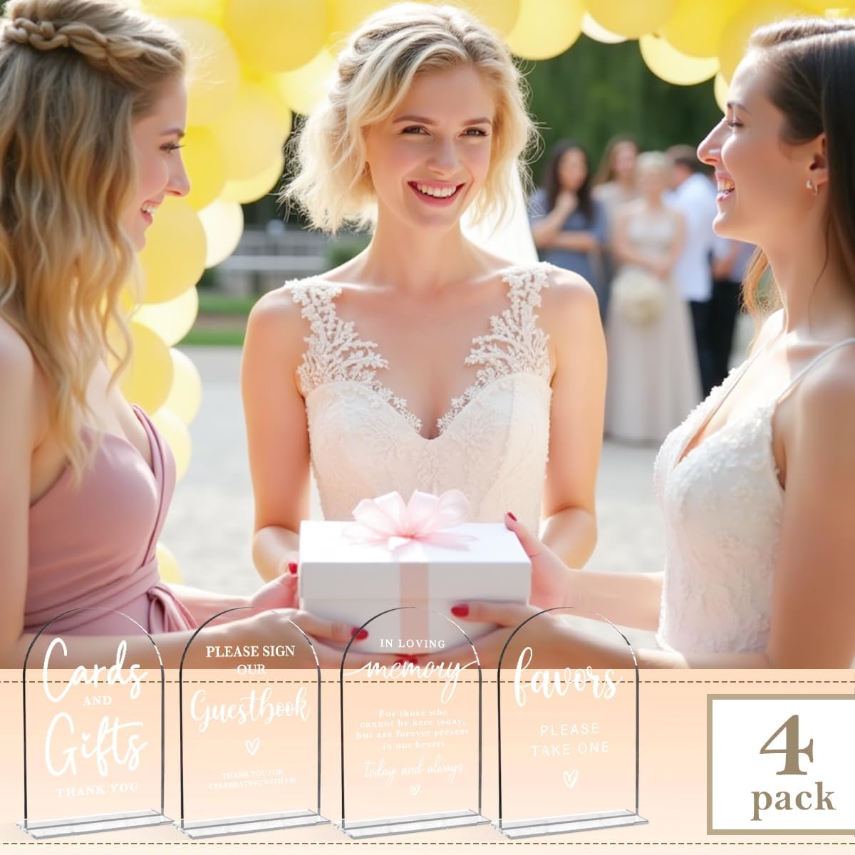 4 Pcs Acrylic Wedding Signs for Ceremony and Reception, Bridal Shower Decorations, Cards and Gifts Signs, Guest Book Sign, Arch Acrylic Table Top Sign with Holder for Wedding Reception (Clear)