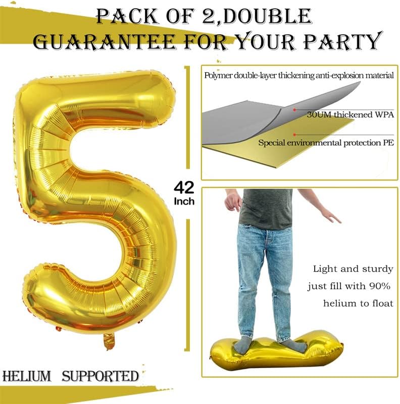 GOER Gold Foil Balloons Number 5,Huge Number Balloons for 5th 55th Birthday Party Supplies Anniversary Decorations (3 pcs,42 inch,32 inch,16inch)