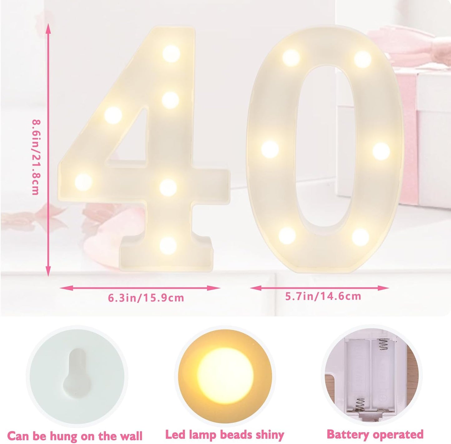 LED Marquee Letter Lights, Decorative Light Up Numbers for 40th Birthday Party, Battery Operated, Warm White Small Marquee 40 Sign for Anniversary Decorations