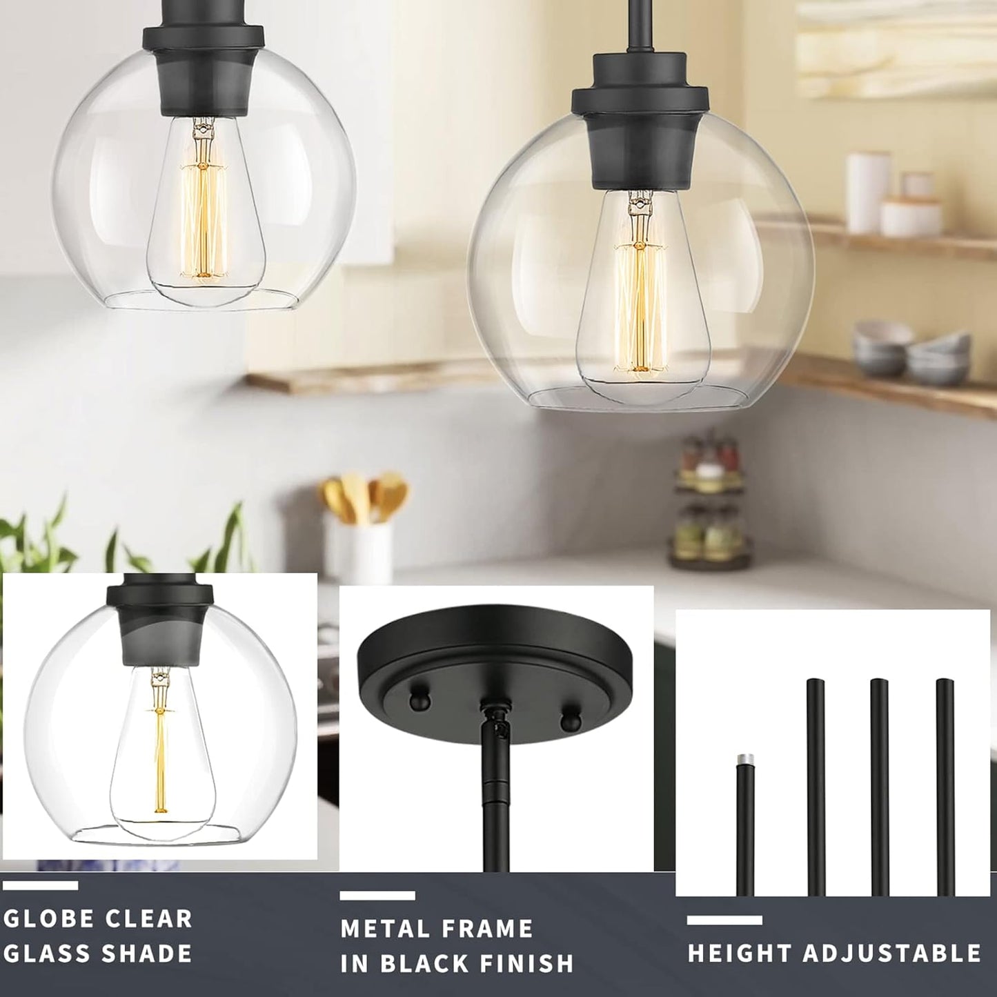 Pendant Light Fixtures,7 Inch Globe Black Pendant Lights Kitchen Island with Clear Glass, Modern Hanging Lights for Kitchen Island, Dining Room, Bedroom, Hallway, Farmhouse,1 Pack