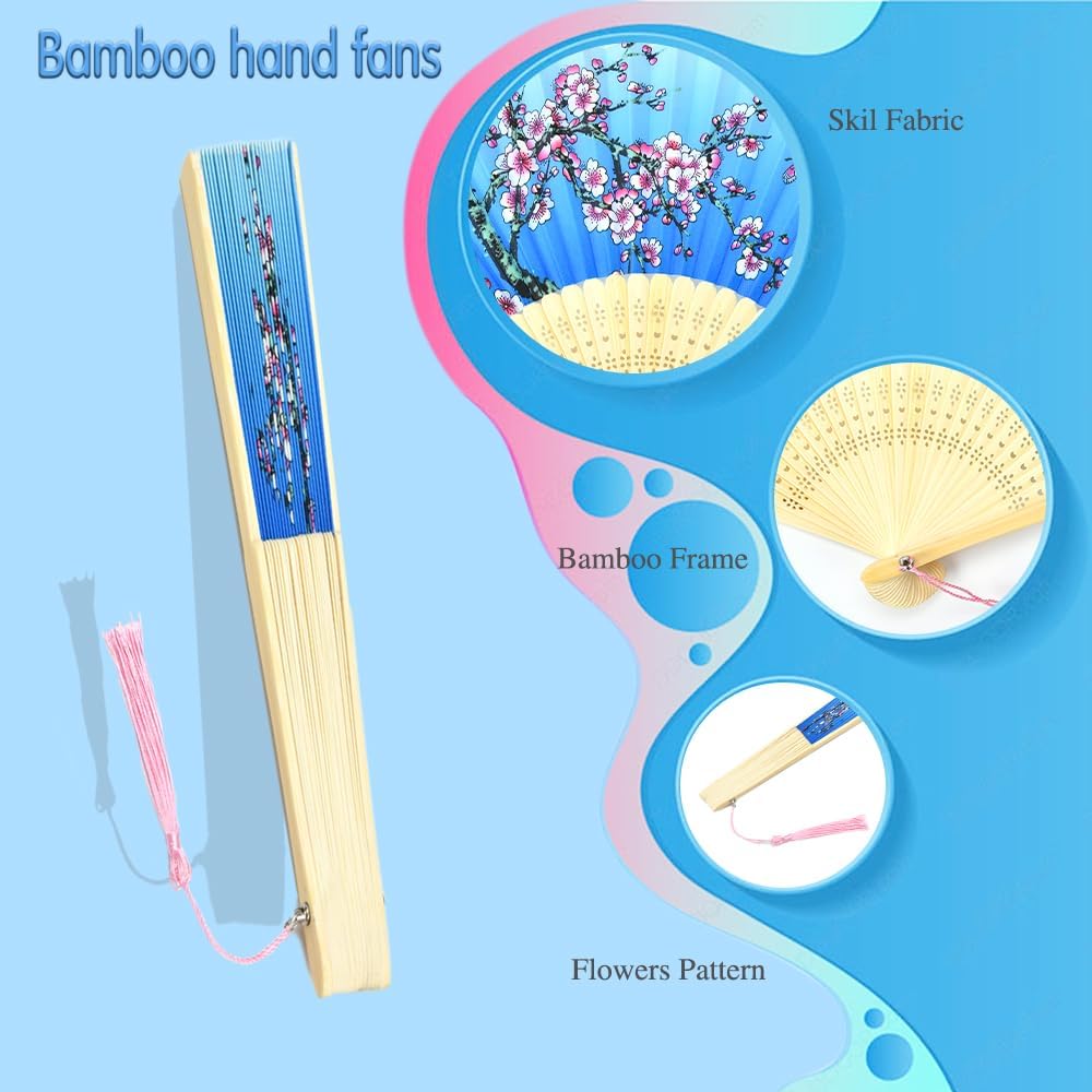 HUNANBANG 4 Pieces Oriental Bamboo Folding Hand Fans Church Wedding Gift, Party Favors, DIY Decoration Gift Size 8 1/4" Wholesale 10pack (Bamboo Assorted 4pack)