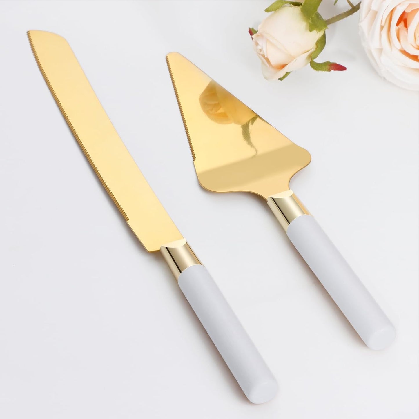 Gold Cake Cutting Set for Wedding, Wood Cake Knife & Server Set, Vintage 2-Piece Pie Cutter Serving Set, Serrated Pizza Utensils, Anniversary Birthday Bridal Gift (White)