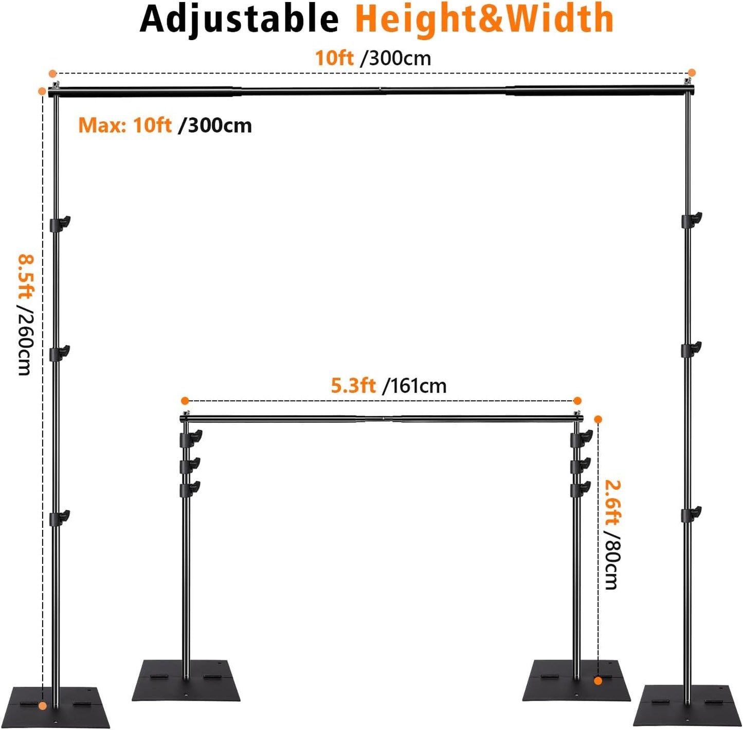 Pipe and Drape Photography Backdrop Stand Kit Adjustable Photo Background Stand 10ft x 8.5ft with Metal Base for Parties Weddings Birthday Party Events Photo Booth with 4 Clamps,Carrying Bag.