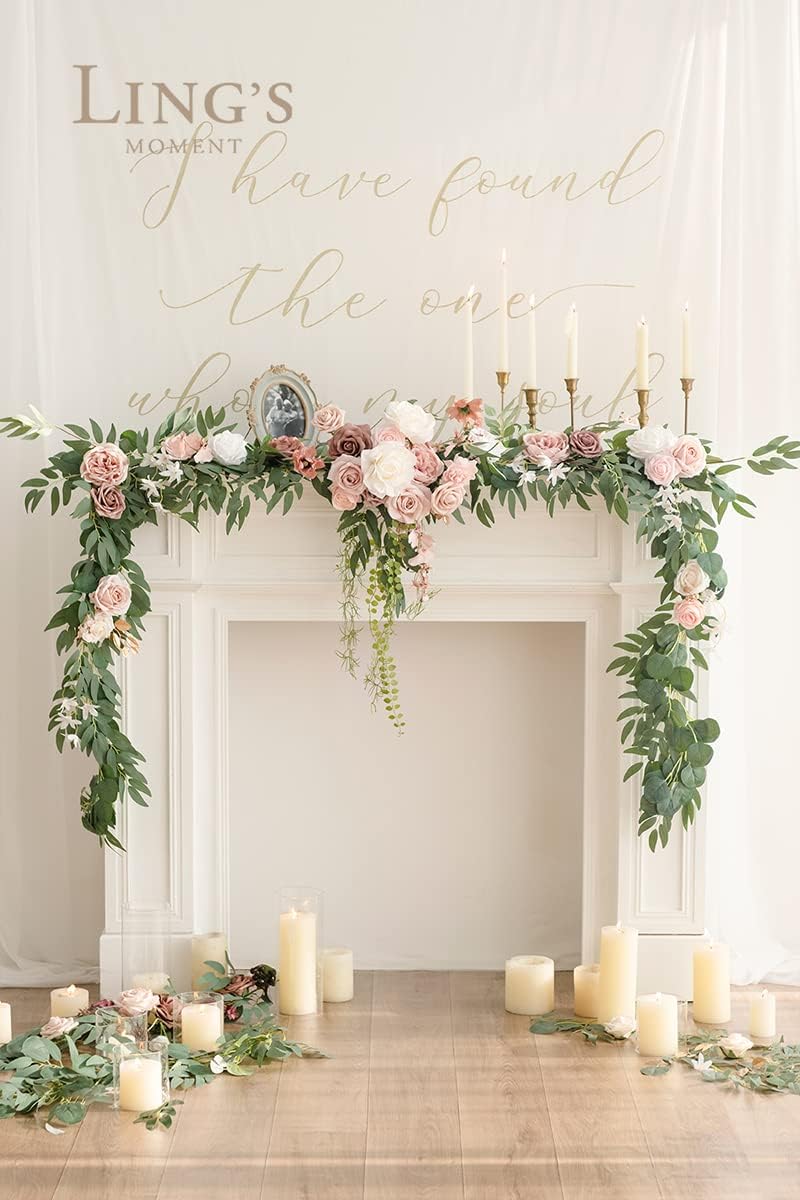 Ling's Moment 9FT Spring Flower Garland for Backdrop Decorations - Wedding Arch Flowers, Eucalyptus & Rose, Artificial Floral Garland for Mantle - Sweetheart Table Decor for Reception, Dusty Rose